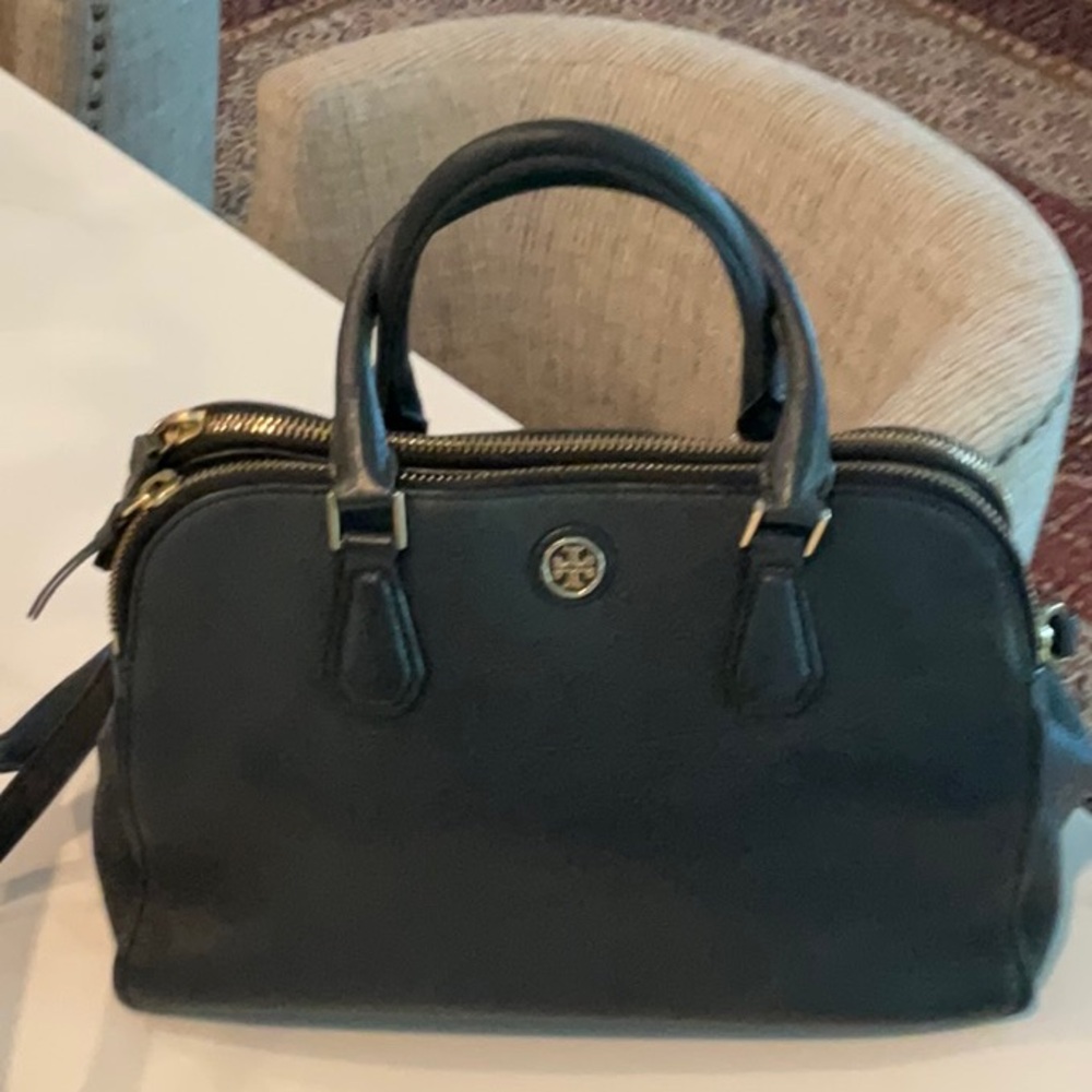Tory Burch Black Structured Satchel with Textured Leather